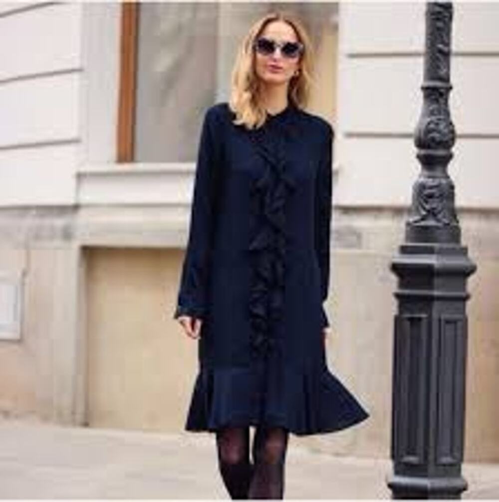 TORY BURCH Jane Ruffle Shirt Dress Button Down Navy Blue Size 6 Long Sleeve S